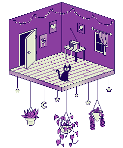 a small pixel art illustration of a room. the room has an open door leading to 
		darkness, a window partially covered by a curtain, some posters, a small radio on a table. there is a 
		one eyed cat sitting in the middle of the floor. plants and little stars hang below the floor.
